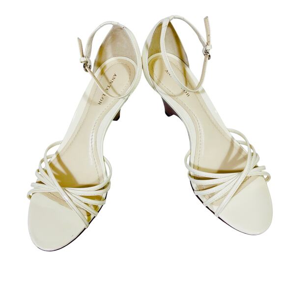 Ann Taylor Mid Heel Sandals Women 7M Cream Leather Ankle Strap Used - Picture 1 of 9